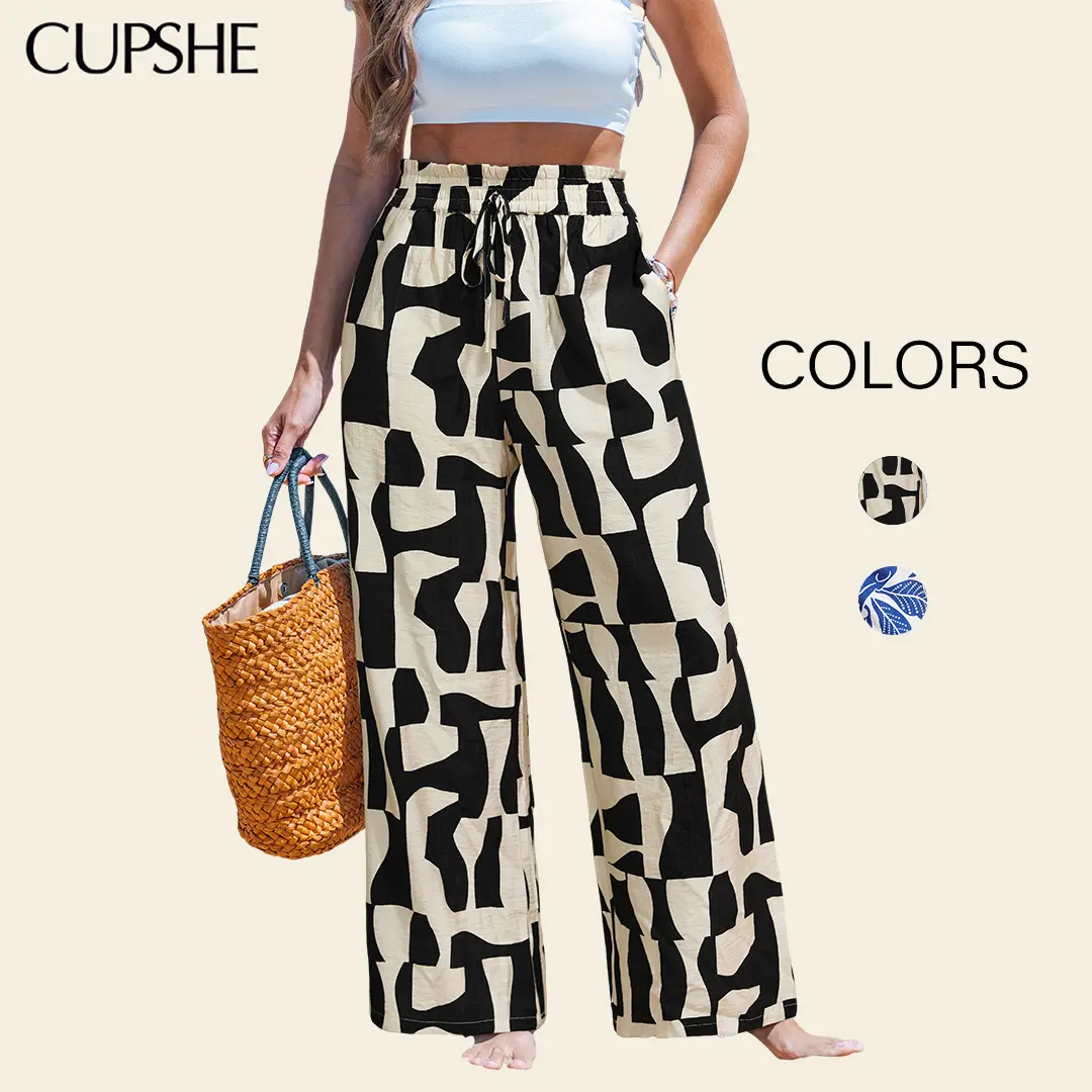 Cupshe Women's Casual Rayon Pants with Artsy Geometric Print, Paperbag Waist and Flared Leg Design, Casual Bottom #summerfinds