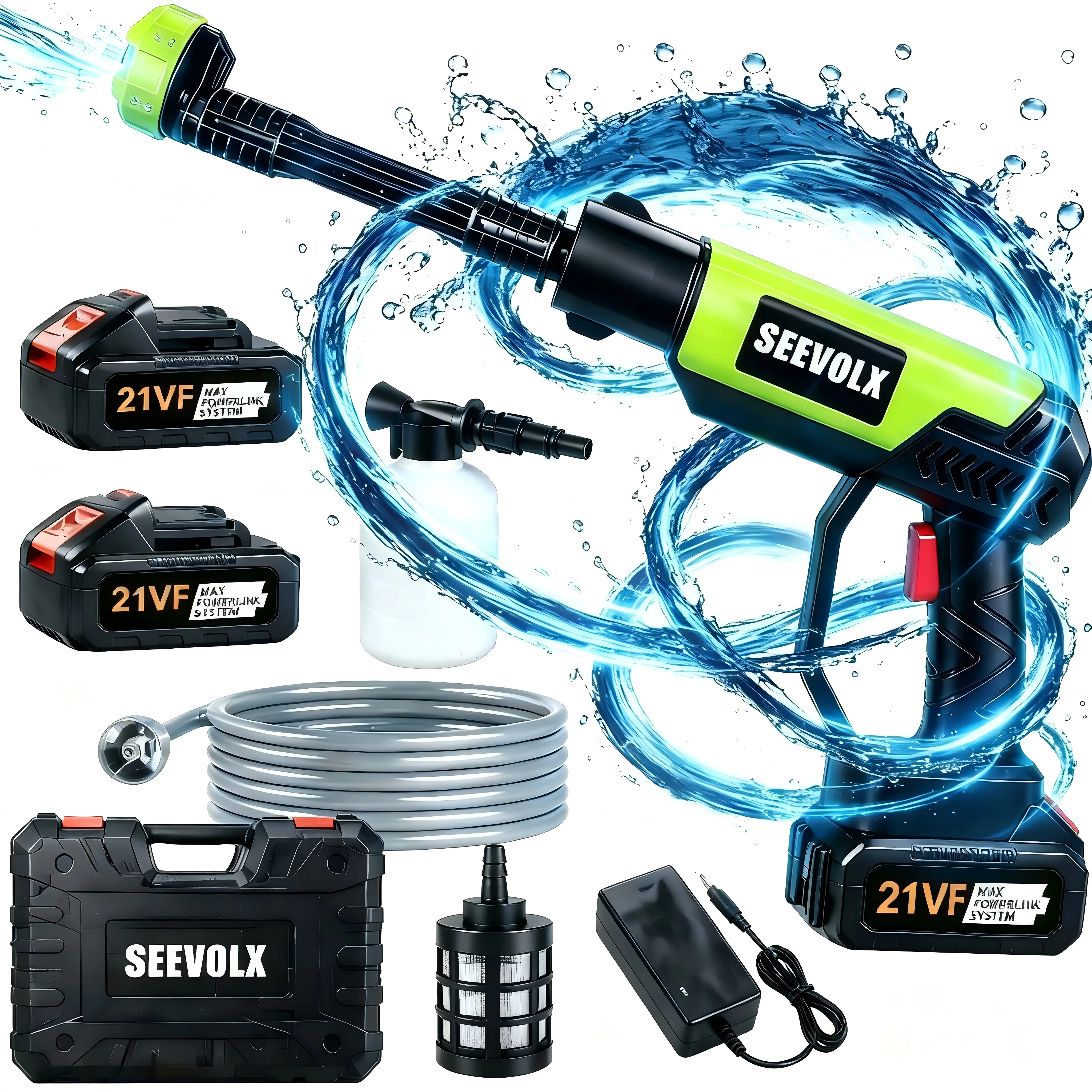 SEEVOLX 21VF Cordless Portable Pressure Washer - 6-in-1 Nozzle Booster, Ergonomic Handle, High-Pressure Spray Gun for Fatigue Reduction & Movement Freedom in Car, Driveway Cleaning