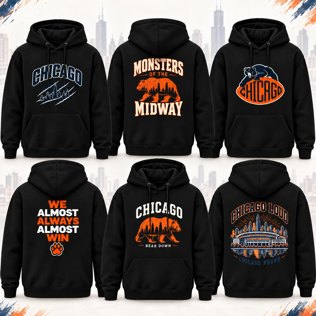 Chicago City Bear Graphic Hoodie, Retro Windy City Skyline Pullover Lightweight Hoodie, Sports Fan City Pride Hooded Hoodie Unisex#ChicagoHoodie#WindyCity#City Pride Hoodie