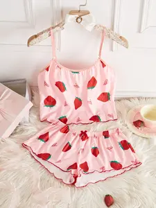 Women's Cute Strawberry Heart Strap Sweet Sleepwear Set, Sexy Home Clothes, Comfortable Casual Home Wear, All Seasons