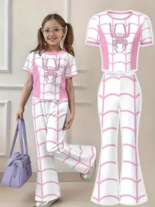 Girls' Spider Web Short Sleeve Top & Bell Bottoms Set, High Stretch Comfortable, Cosplay Casual Wear, Casual Fashion Set