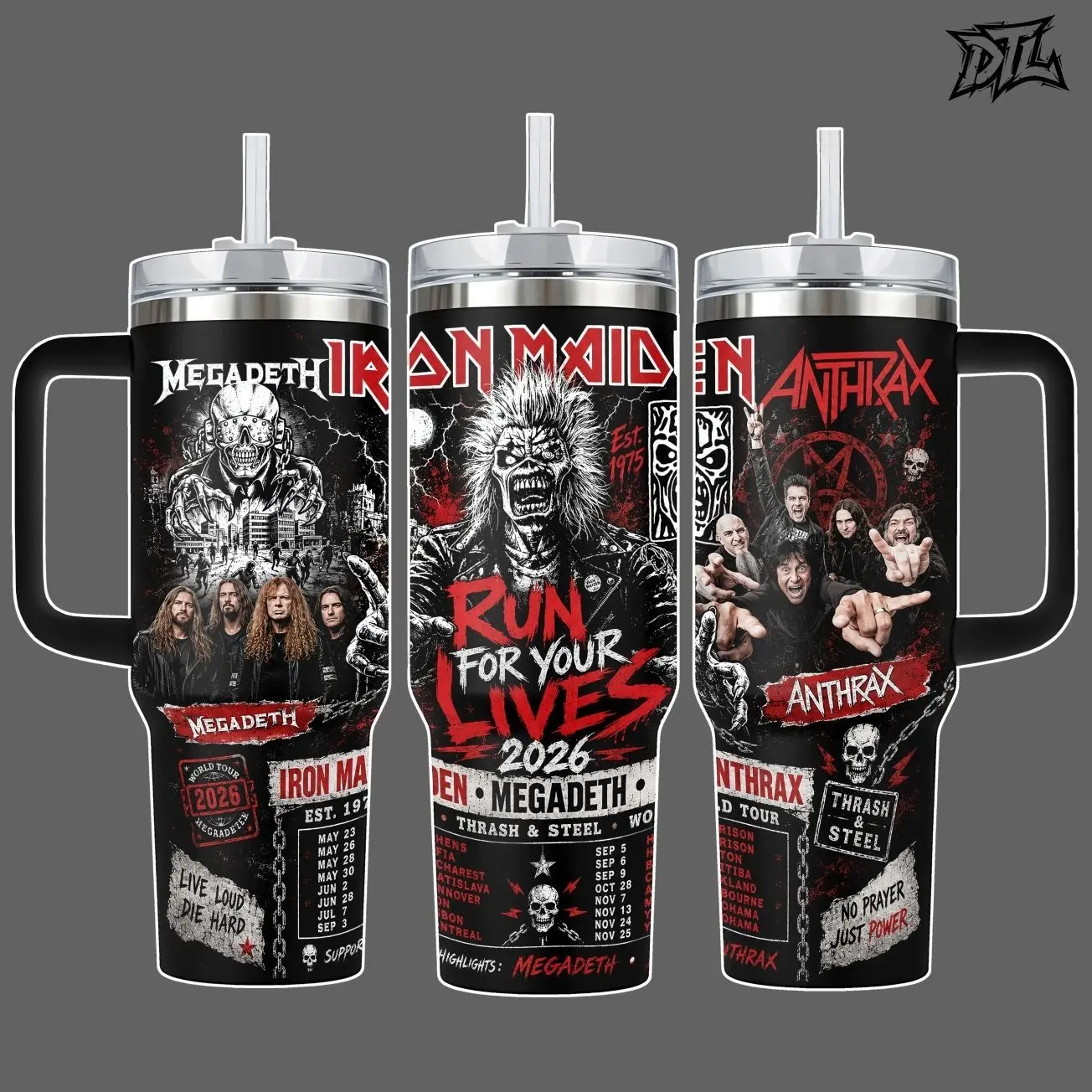 Iron Maiden Megadeth Anthrax Run For Your Lives 2026 Tour 20oz, 40oz Tumbler | Stainless Steel Insulated Travel Mug with Handle and Straw Heavy Metal Band Concert Merch Thrash Steel World Tour Cup Leakproof Car Friendly Sunflower Lover's