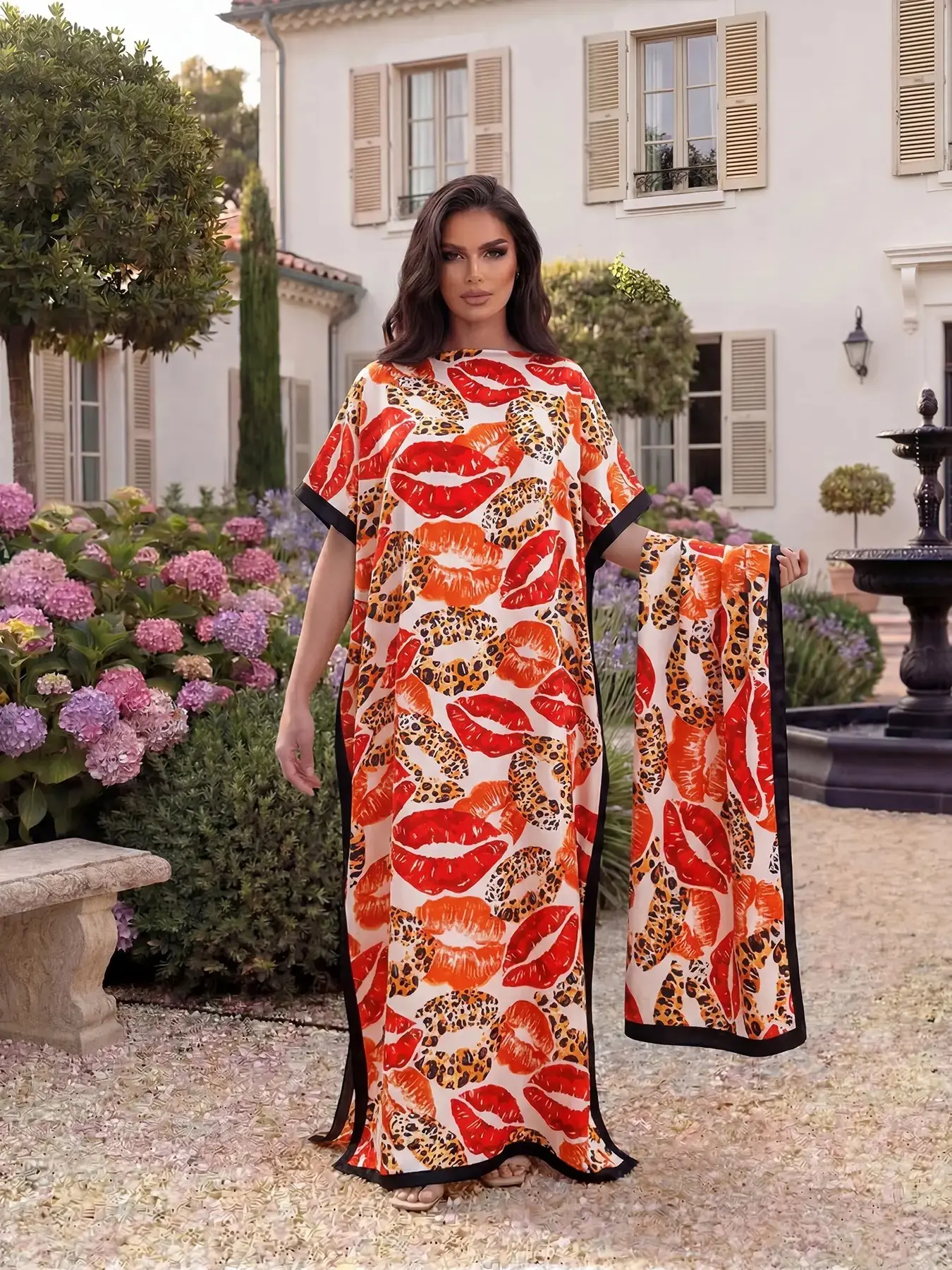Elegant Lip Pattern Shawl Set, Fitted All-Over Print Scarf, Sun Protection Silk Tie, Women's Beachwear, All Seasons, Leopard Print Scarf, Fashion Shawl