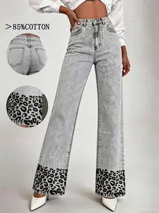 Women's Leopard Print Spliced Loose-Fitting High-Waisted Wide-Leg Jeans, Elegant Chic Style for All Seasons, Trendy Casual Denim Jeans