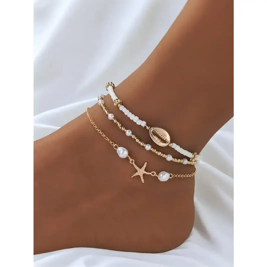 Veliora Women's Cute Adjustable Onesize Boho Bead Anklet - Starfish, Cowrie Shell Decor, Comfortable Stacked Chains, Birthday Gift Jewelry for Beach Party, Daily Wear Fashion Accessory