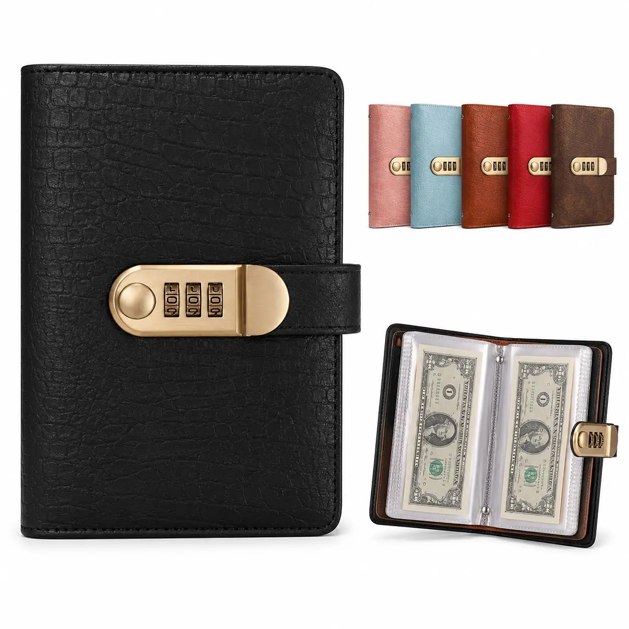A6 PU Leather Binder Money Savings Book - 3-Digit Resettable Password Lock, 100 Transparent High-Clarity Pockets & Sleeves, Large Capacity for Money & Important Items, Durable Secure Office Accounting Supplies