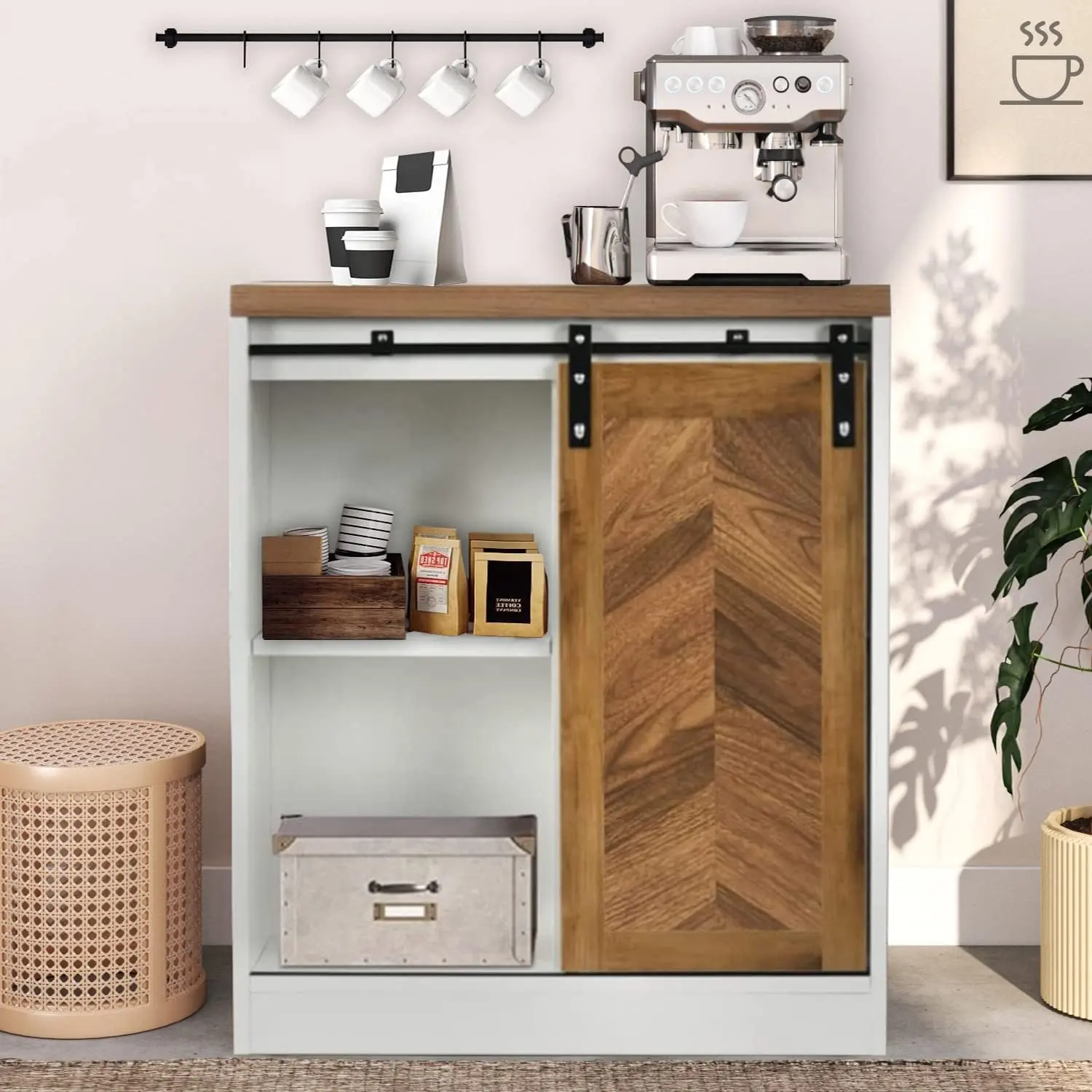 [SummerSale] HOMBCK Coffee Station Cabinet, Coffee Bar with Sliding Barn Door, Small Coffee Bar Cabinet with Storage, Coffee Bar Table for Dining Room, Entryway #home essentials#back to school