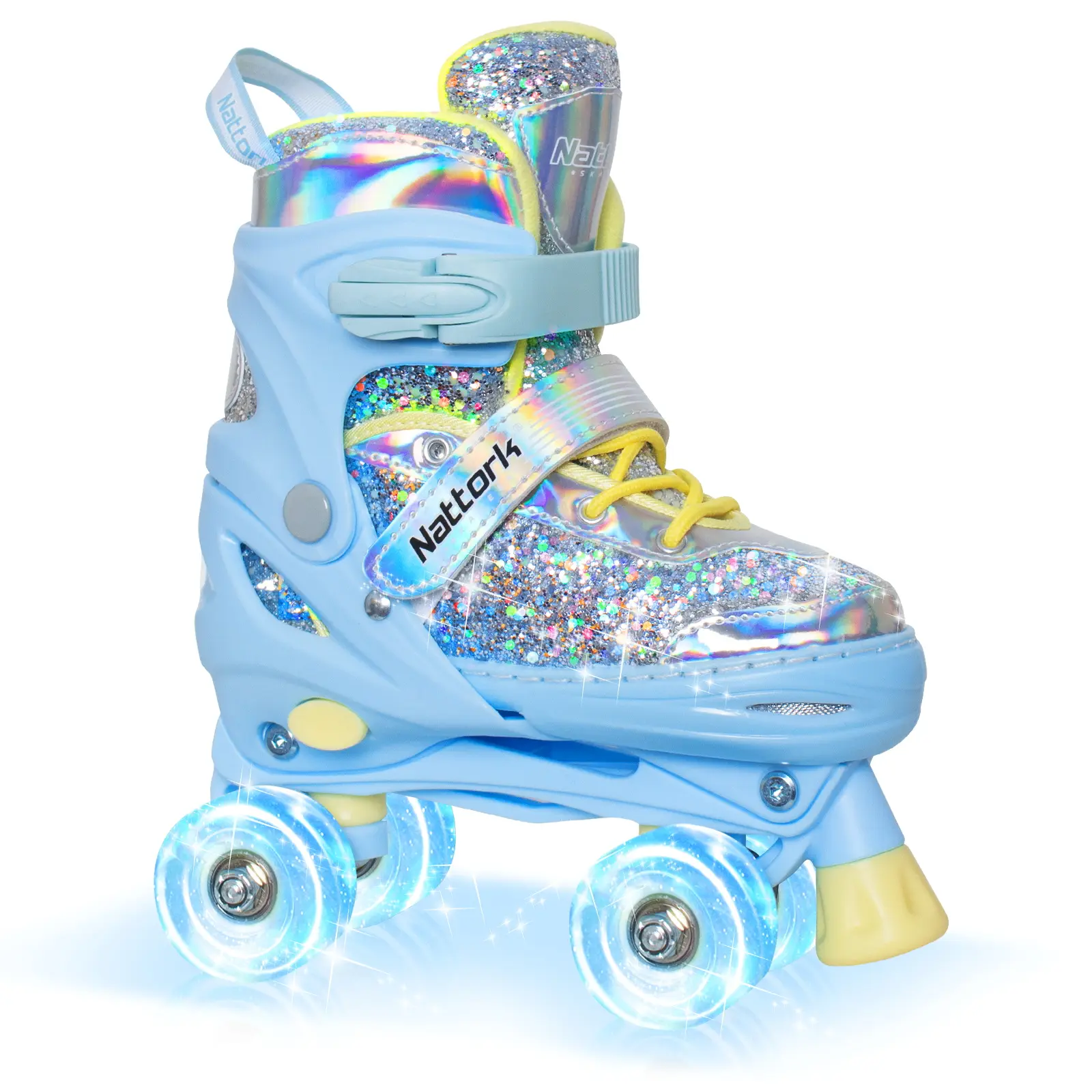 Nattork Adjustable Size Beginner Candy Roller Skates - Sparkling Look, Breathable Mesh, 1-Push Change, Self-Lighting, Leisure Outdoor Inline & Roller Skating Equipment