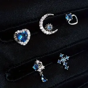 Titanium Steel Blue Zircon Moon & Heart Ear Bone Stud Set - Spiral Cartilage Helix Piercing Jewelry, Earring Stacking Set, Vintage Luxury Sparkling Pendants for Valentine's Day, Parties - Comfortable Secure Fit