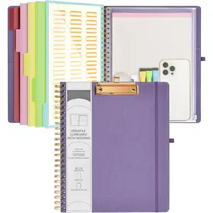 Foldable Spiral Clipboard Folio with Storage Zipper Pouch, 5 Plastic Folders with 10 Pockets,Refillable Lined Notepad (11" x 8.5"), Hardcover Project Organizer with 39 Stickers (Purple)