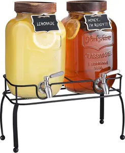 Glass Drink Dispenser for Parties, 1 Gallon Beverage Dispenser with Stand and Spigot Solid Stainless Steel,  as Lemonade Dispenser Sun  Jar Kombucha Jar, Set of 2