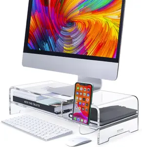 Acrylic monitor stand, suitable for full-size keyboards, 20inch wide double-layer stand, with storage shelf and phone holder, desktop organizer, suitable for laptops, printers, monitors (transparent)