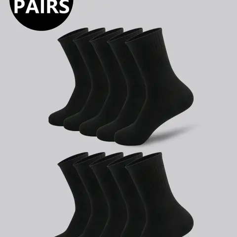 Men's High-Waisted Breathable Mid-Calf Sports Socks, Active Socks, Plain Casual Fitted Socks for All Seasons, 5/10 Pairs
