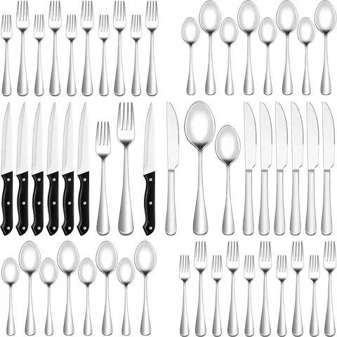Stainless Steel Dinnerware Service Set - 48/24 Pcs Silverware with Steak Knives, Service for 8, Mirror-Shine Forks, Knives, Spoons, Dishwasher-Safe Cutlery for Everyday Eating Home Dining Kitchen