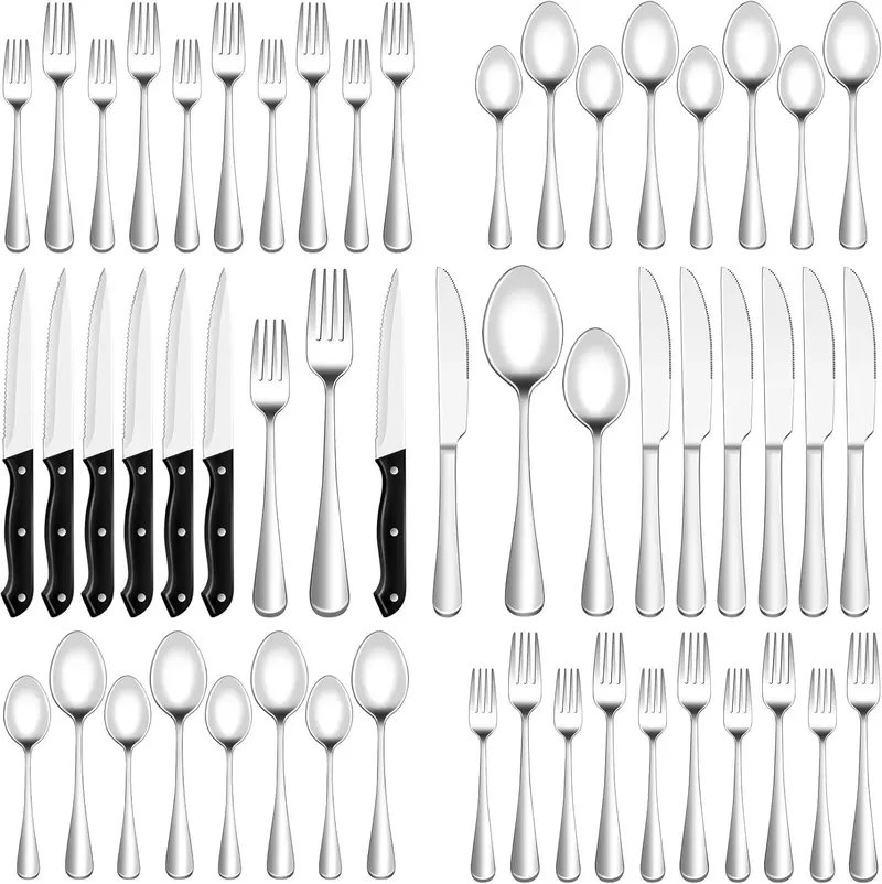 48 Pcs Silverware Set with Steak Knives Service for 8, Stainless Steel Flatware Set,Mirror Polished Cutlery Utensil Set,Home Kitchen Eating Tableware Set,Include Fork Knife Spoon Set,Dishwasher .