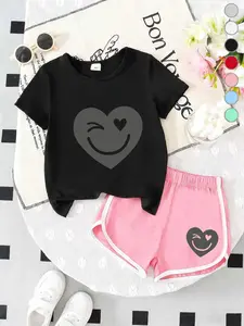 Summer Girls Casual Sports Short Sleeve Set with Eye-Catching Heart Smile Print, Loose Fit Shorts for Ages 2-7, Perfect for School & Weekend Outings, Clothes Kids