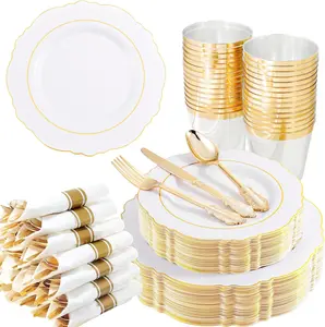 350 count  Plastic Plates-Disposable White and  Plates 50guest Baroque Plastic Dinnerware include 100Plates, 50Pack Pre Rolled Napkins with Silverware 50Cups for Wedding&Mother's Day