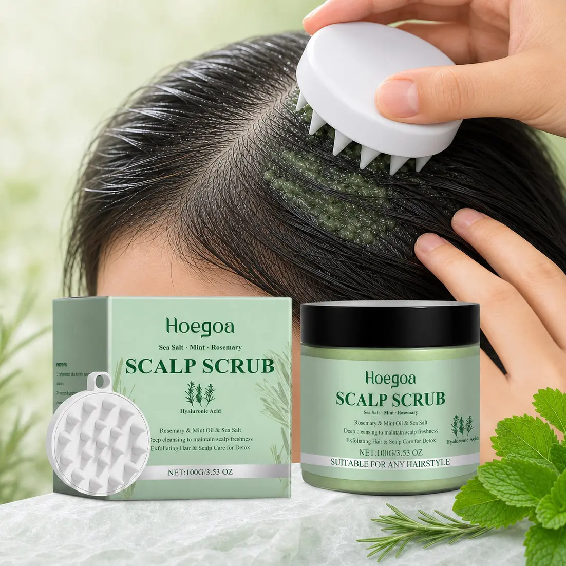 Hoegoa Rosemary Scalp Scrub with Silicone Scalp Massage Brush, Purifying Buildup Removing Hair & Scalp Care, Sea Salt Deep Cleansing with Peppermint Oil, 100G/3.53oz Gentle Refreshing for Most Hair Types