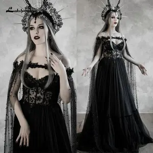 Lakshmigow Dark Fairytale Gothic Black Wedding Dresses With Cupped
