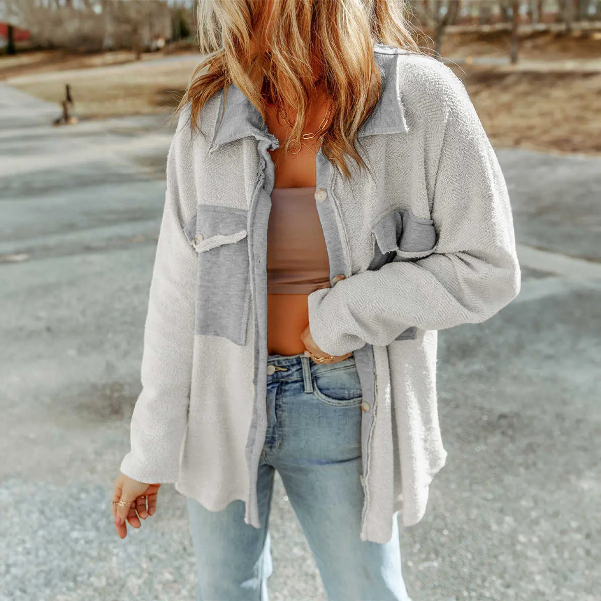Gray Contrast Flap Pockets Relaxed Shacket