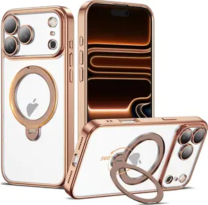 This is geek bar Compatible with iPhone 17 Pro Max Case with 360° Magnetic Ring Stand [Compatible with Mag-Safe] Camera Lens Protector Plating Clear Phone Case for iPhone 17 Pro Max 6.9", Desert Gold