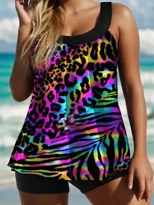 【Plus Size】leopard Print Tankini Set, Scoop Neck Ruched Sleeveless Top & Shorts, Tankini Swimwear, Women's Two-piece Swimsuit for Summer Beach Holiday, Tankini Tops, Tankini Set Bathing, Tankini Swimsuits Women