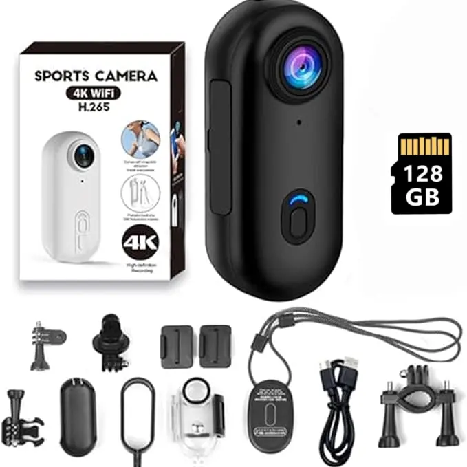 EVO 4K Thumb Action Camera - Compact Outdoor Sports Camera, 1.25 oz Waterproof (131ft) Metal Body Cam, 800mAh Rechargeable Battery, Spring Clip, Magnetic Mount, 128G Card Support, for Biker Vlogging,Hiking (Black,150min Recording)