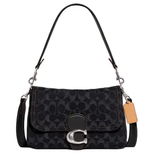 COACH Soft Tabby 26 Classic Monogram Jacquard Satchel with Leather Trim, Flap Closure, Crossbody Bag for Women, Black