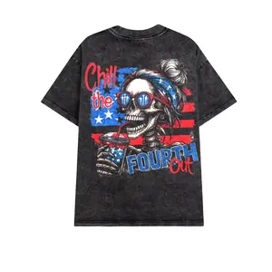 Chill The Fourth Out Mineral Wash Tee - Patriotic Skull Graphic T-Shirt with American Flag Design Casual Classic 100% Premium Cotton Oversized Fit