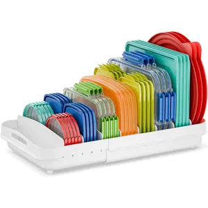 Expandable Food Container Lid Organizer, Fits 12-Inch Deep or Deeper Cabinets, Adjustable 13.4" to 20.5", 10 Adjustable Dividers for Kitchen Cabinet, Drawer, Pantry Food Lid Storage