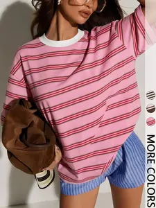 Pink Striped Oversized Lady Tee - 2026 Trending Summer Dopamine Sweet Cool Outfit, Soft Cotton Perfect for Daily, Everyday & Dates