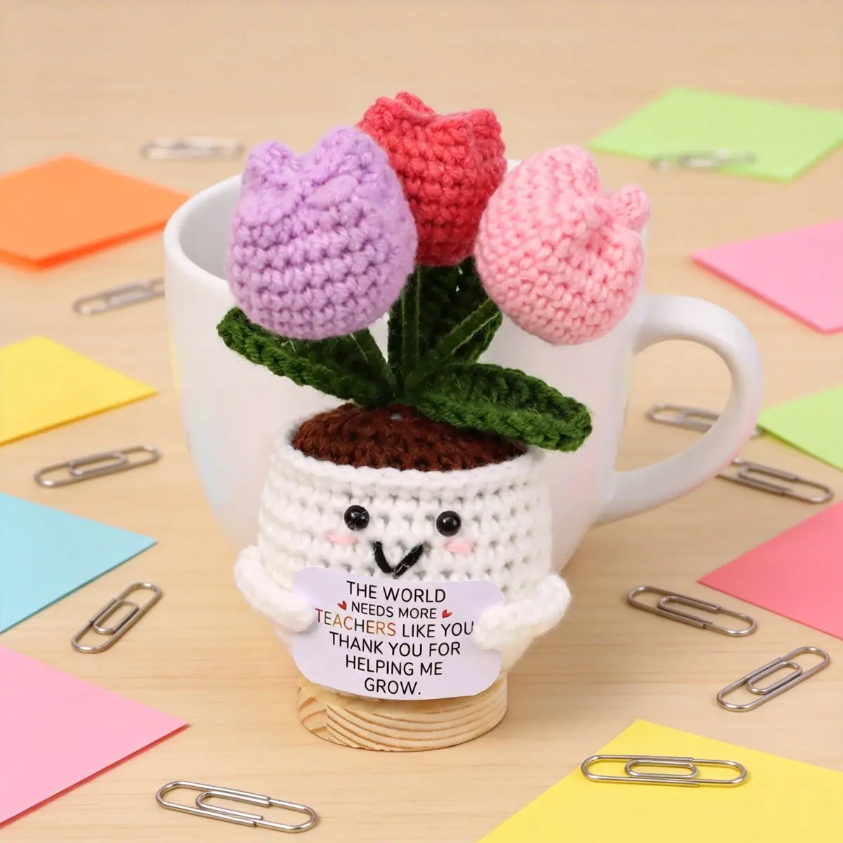Handmade Crochet 3-Headed Tulip Ornament with Thank You Card, Perfect Teacher's Day and Thanksgiving Gift, Small Decorative Item