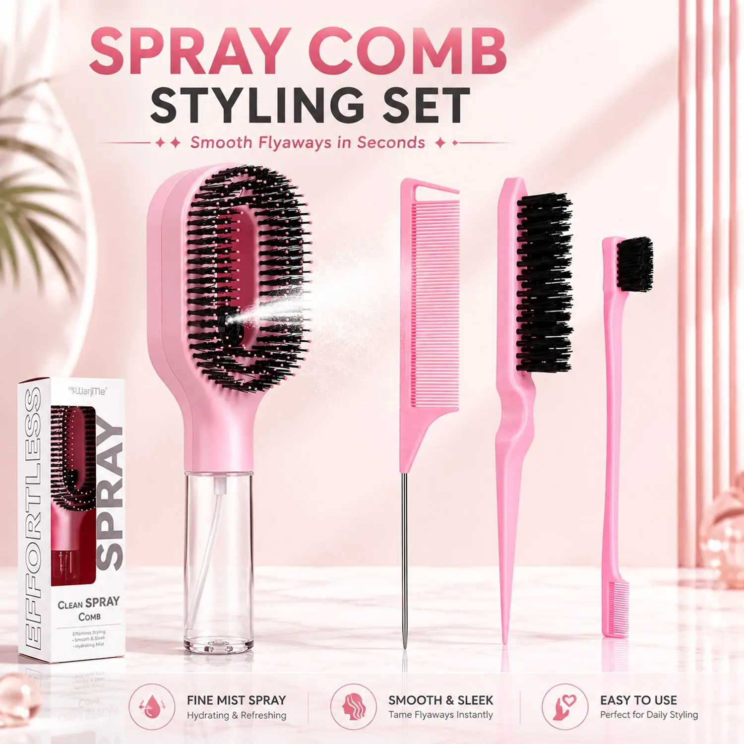 2-in-1 Spray Hair Brush with Water Tank, Fine Mist Detangling Styling Comb for Wet & Dry Hair, Hydrating Scalp Massage Brush for Smooth, Shiny Hair, Lightweight Salon Tool for Easy Daily Hair Care, Detangler Brush, Anti Tangle Brush