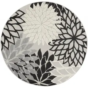 212 MAIN 5 ft. Round Polypropylene Stain-Resistant Indoor/Outdoor Area Rug - Indoor Floor Rug, Black-Gray-White, Contemporary Minimalist Home Decor, Oversized Flower Design, Equestrian Leisure Use