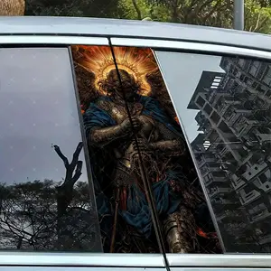 2pc Retro Warrior Car B-Pillar Protection Sticker, Easy Peel & Stick, Sunproof Waterproof Scratch-Resistant, Fits All Cars, Car Exterior Decoration