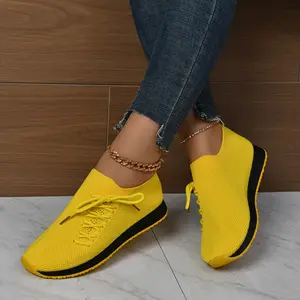 [Bright Yellow Fashion Running Shoes] Bright Yellow Women's Fashion Running Shoes - Breathable Knit Fabric, All-Season Athletic Sneakers with Rubber Sole for Stability Support