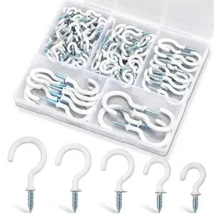 110 count  Screw Hooks, 5 Sizes White Vinyl Coated Cup Hook, from1/2 in Small Hooks to 1-1/2 in Ceiling Hooks Heavy Duty, Screw in Hooks for Hanging , String Lights