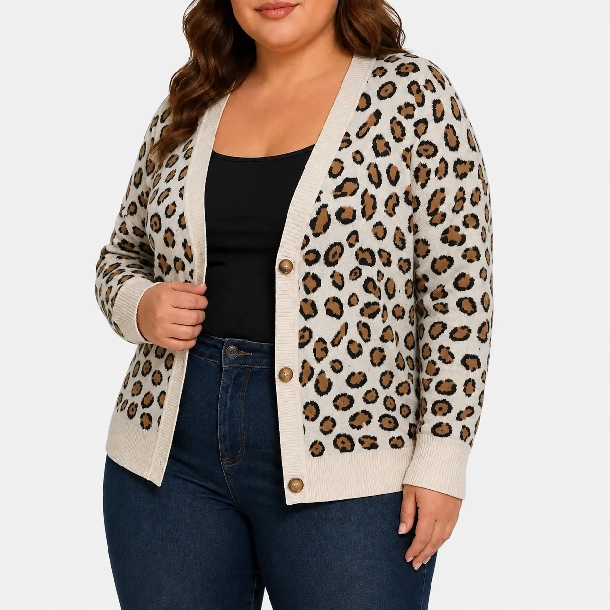 Plus Size Knit Sweater for Women, Button Down V Neck Leopard Print Cardigan , Long Sleeve Casual Curvy Cardigan, Cozy Fall Winter Layering Top