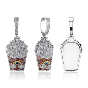 Micro-inset color zircon necklace Europe and the United States   solid French fries pendant HIPHOP hipster accessories