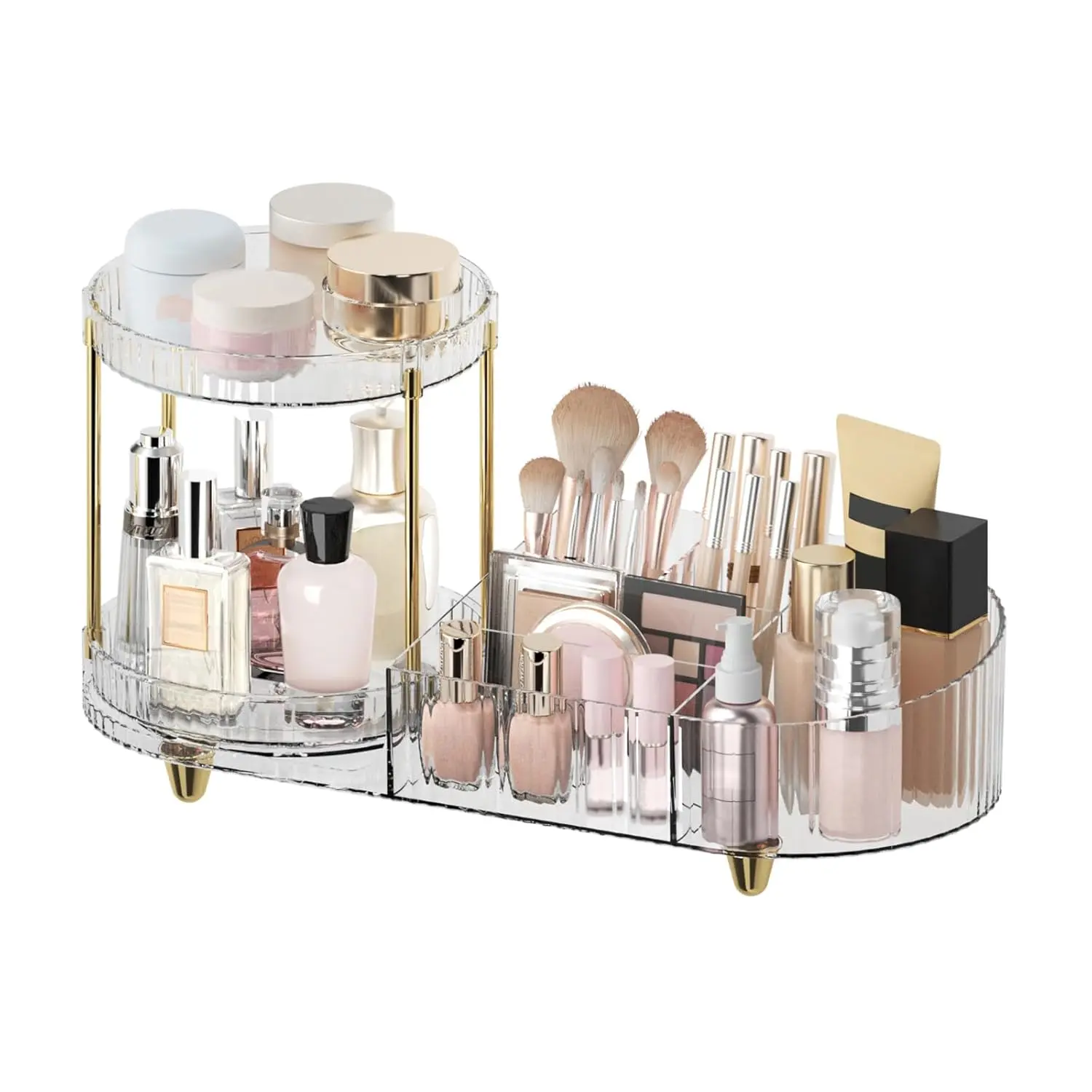 5-Compartment Rectangular Transparent Classic Acrylic Smooth-Rotating Makeup Organizer - Multi-Layered Countertop Vanity Holder for Cosmetics, Skincare, Perfume; Kitchen/Bathroom Storage Box, Home Supplies Decoration, Gold Desk Accent, Thanksgiving Gift