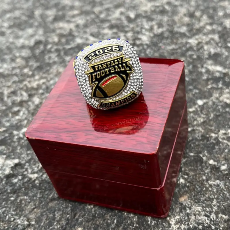 Luxury big heavy 2026-2025-2024 fantasy style football championship ring with brown wooden display box for men