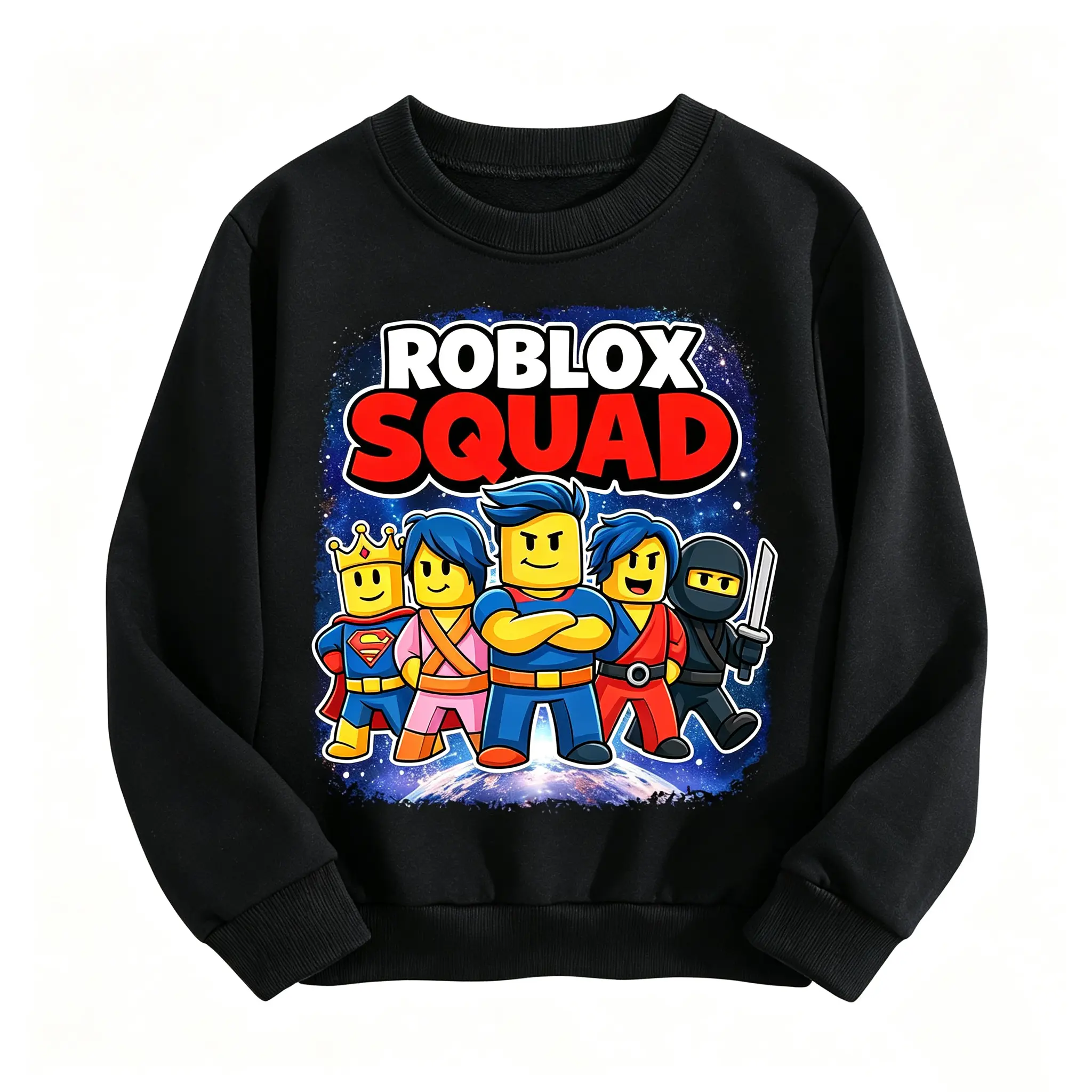 Boys Roblox Squad Graphic Crew Neck Sweatshirt, Cartoon Game Character Long Sleeve Pullover Top