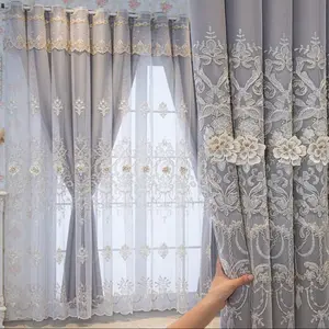 Luxury European Embroidered Floral Blackout Curtain, UV Protection, Double Layer Fabric Drapes for Bedroom & Living Room