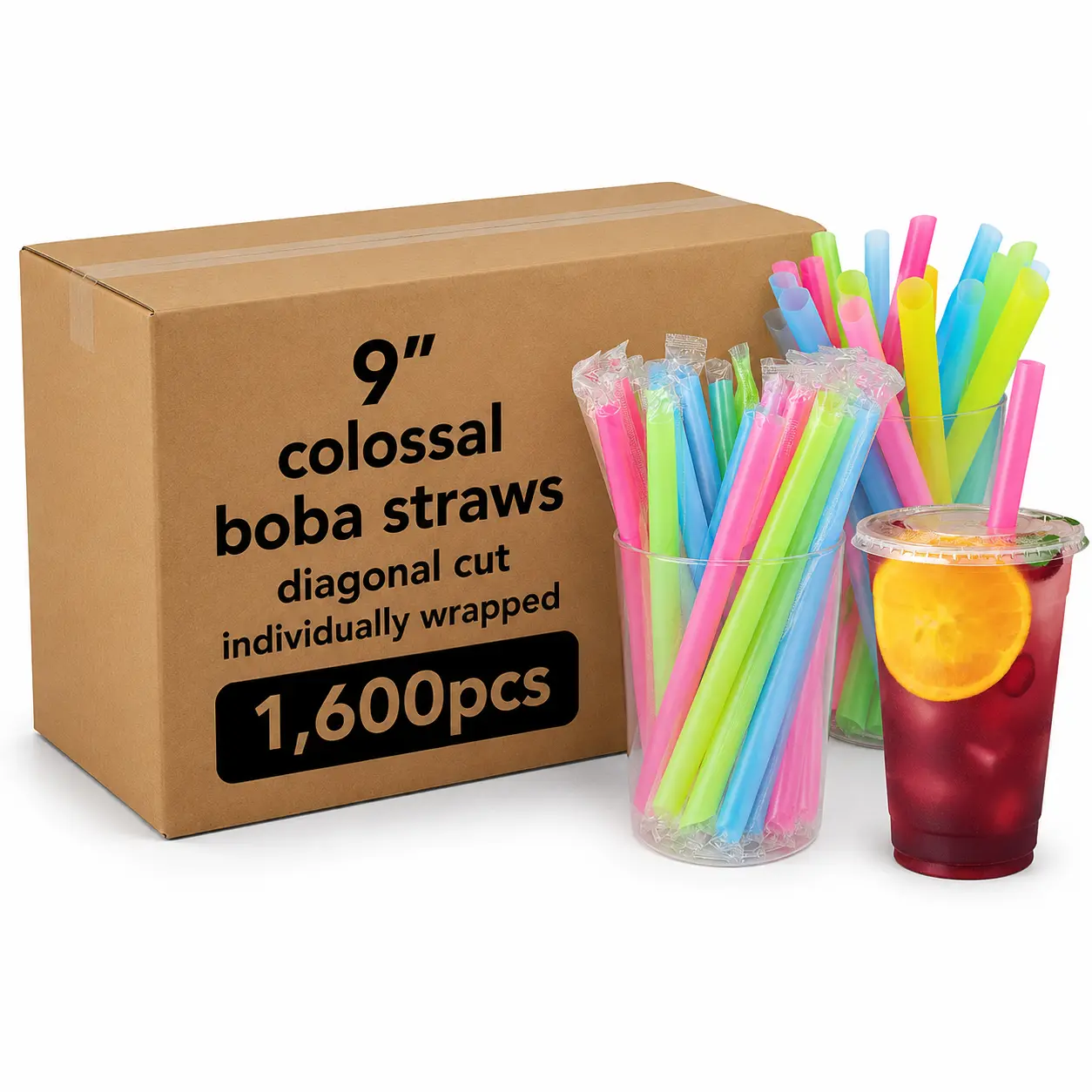 Colossal Boba Straws 9" Diagonal Cut Individually Wrapped 1600pcs Perfect for Drinks and Beverages