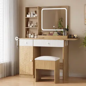 Vanity Desk with Mirror & LED Lights, Modern Makeup Vanity with Cabinet & Charging Station, 3-Color Adjustable Lighting, Cushioned Stool Included, Stylish Dressing Table Set for Bedroom