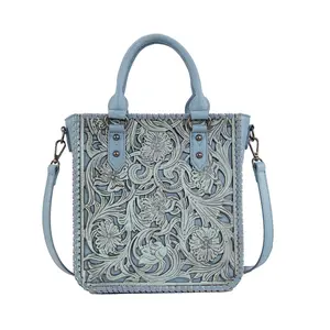 Trinity Ranch Floral Tooled Collection Tote/Crossbody Bag for Women - Genuine Leather with Whipstitch Details & Double Round Handle