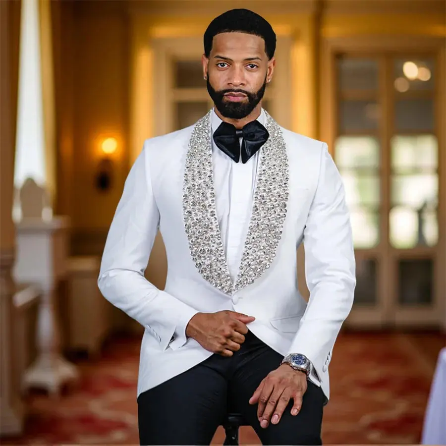 Bling Beaded Wedding Tuxedo for Men Slim Fit Male Fashion Suits Stunning 2 Pieces Suit Jacket with Pants Custom Made Costume