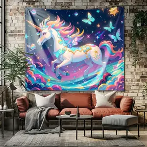 Fantasy Unicorn Tapestry with Butterflies