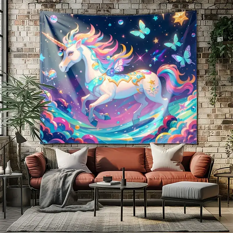 Fantasy Unicorn Tapestry with Butterflies