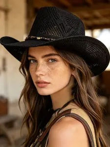 Hollow Out Western Cowboy Hat, Ethnic Wood Bead Shell Decoration, Wide Brim Sun Protection, Unisex Outdoor Hat